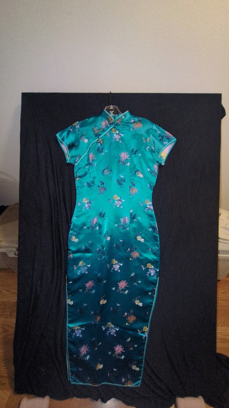 Vintage Teal Satin Cheongsam Qipao Dress Embroidered Floral Mandarin Collar Maxi